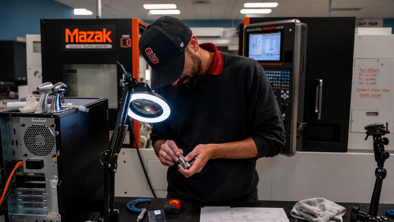 Machinist inspecting a precision part under a bench light