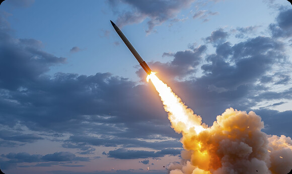 Rocket launching with exhaust plume against a cloudy sky