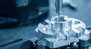 A coordinate measuring machine probe inspecting a precision-machined aluminum component
